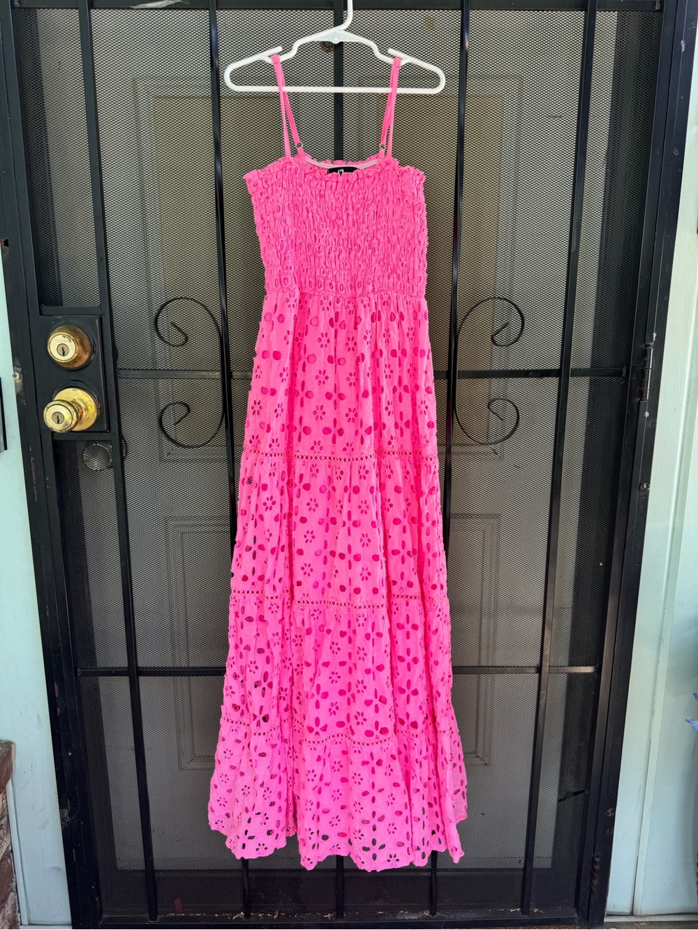 FLOWERS BY ZOE maxi dress in pink coral hot pink eyelet smocked size L - Picture 4 of 10